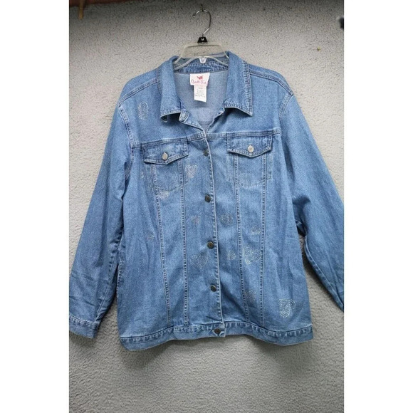 Quaker Factory Blue Denim Jean Jacket-Size Large-Rhinestone Hearts - Picture 1 of 10